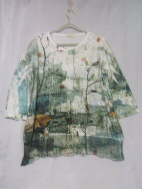Jess & Jane Top Size Large Green Floral Brushstrokes Art Lagenlook Lightweight